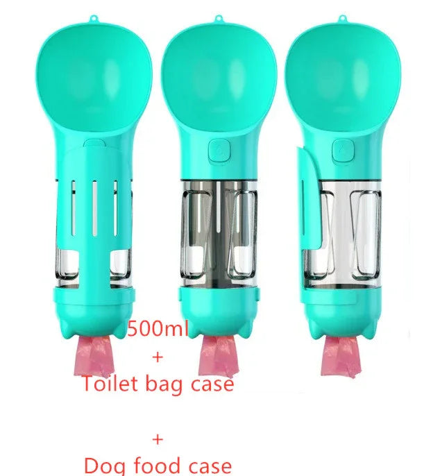 Exploded view of 3-in-1 bottle — water chamber, food bowl and waste bag holder separated