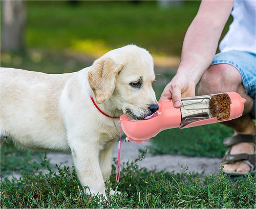 PawFev 3-in-1 dog water bottle blue colour — front view showing water dispenser and fold-out food bowl