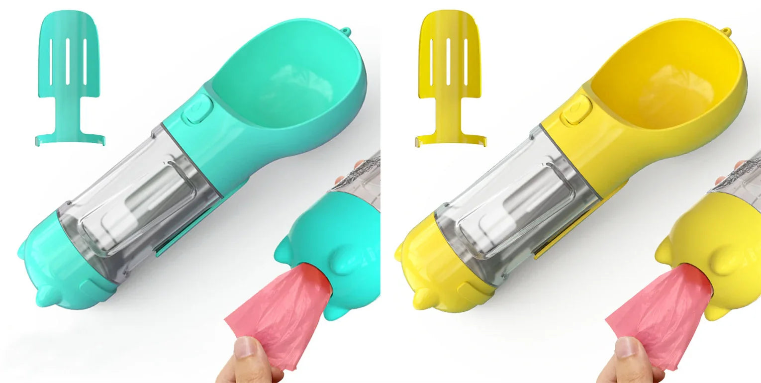 Clip attachment on 3-in-1 dog travel bottle — attaches to backpack or lead handle