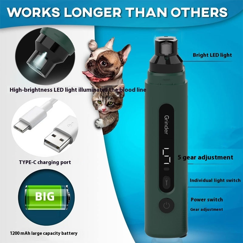 Quiet rechargeable dog nail grinder with 5-speed settings