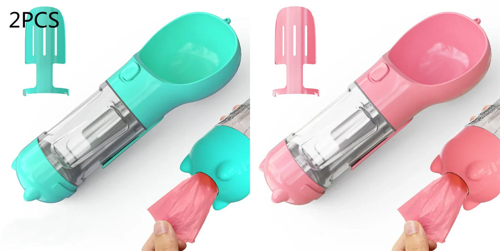 Green 3-in-1 dog water bottle — food bowl and waste bag holder shown open simultaneously