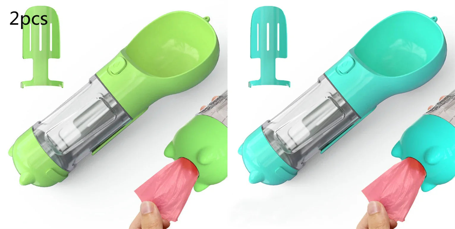 Dog owner using PawFev 3-in-1 bottle during an outdoor walk — one-hand operation