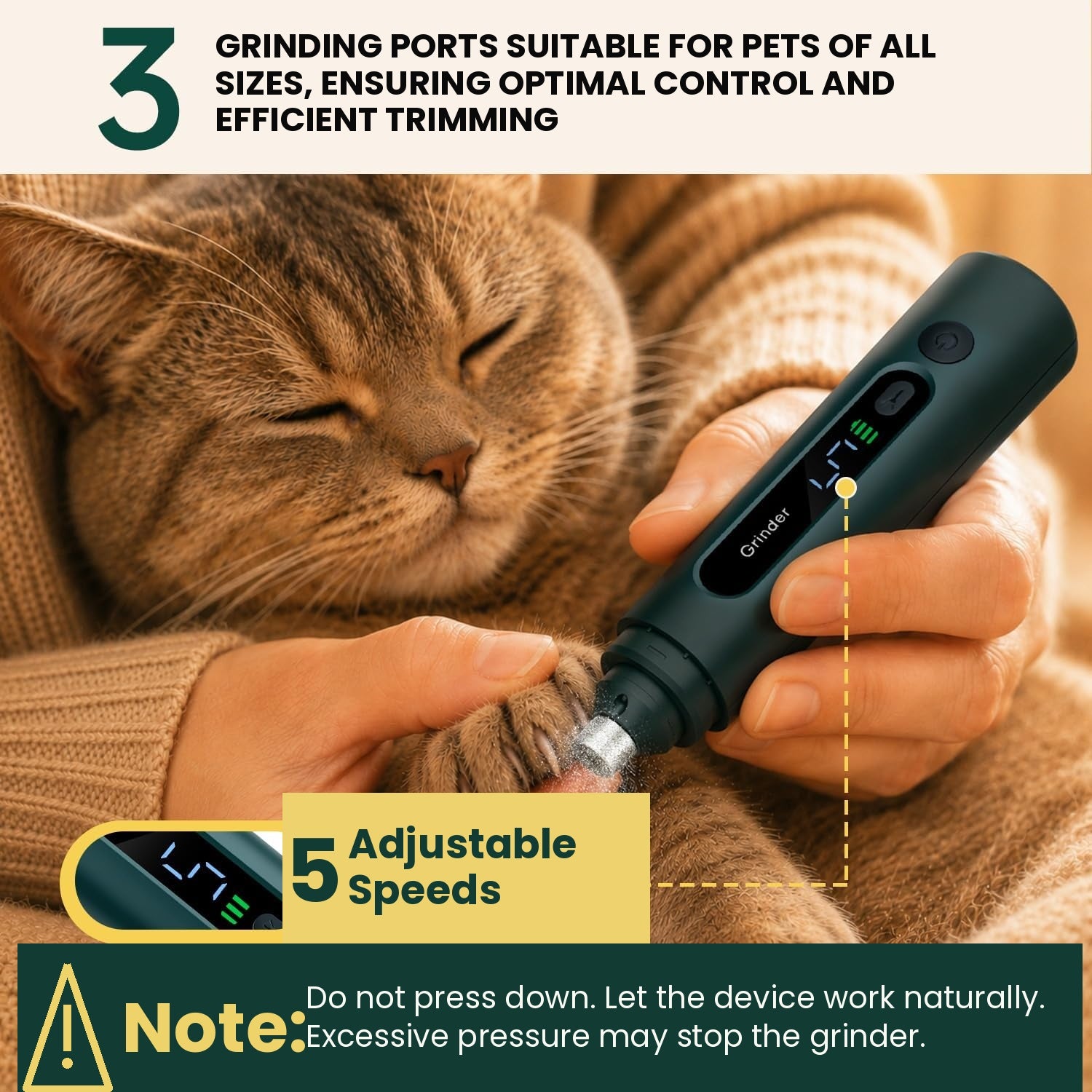 Pet nail grinder with 3 grinding ports for small dogs, indoor cats and large breeds with thick claws