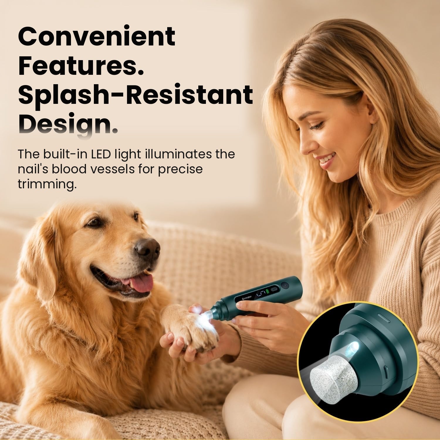 Cordless pet nail grinder features – USB rechargeable with low-battery indicator