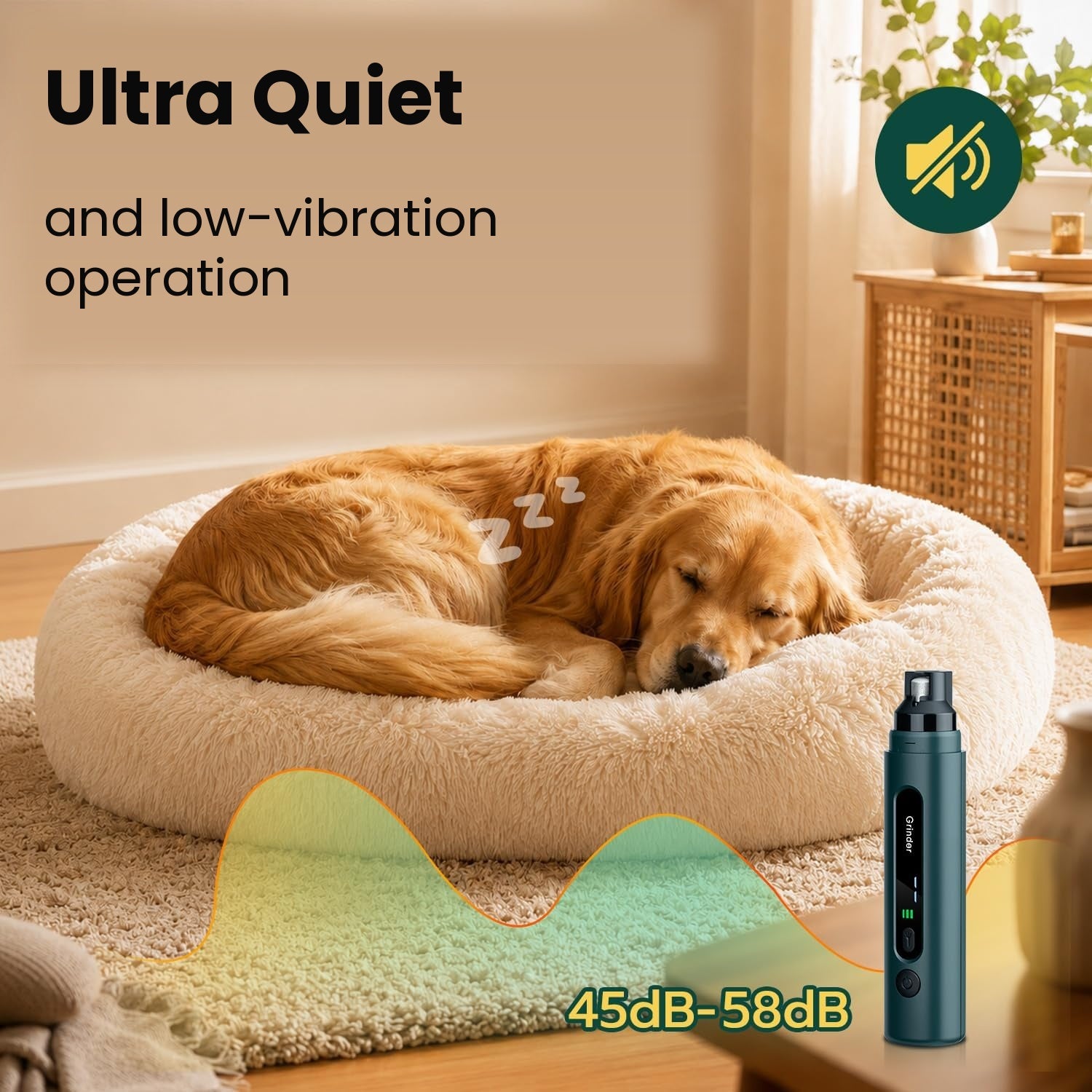Ultra-quiet dog nail grinder under 45 dB for nervous dogs scared of clippers