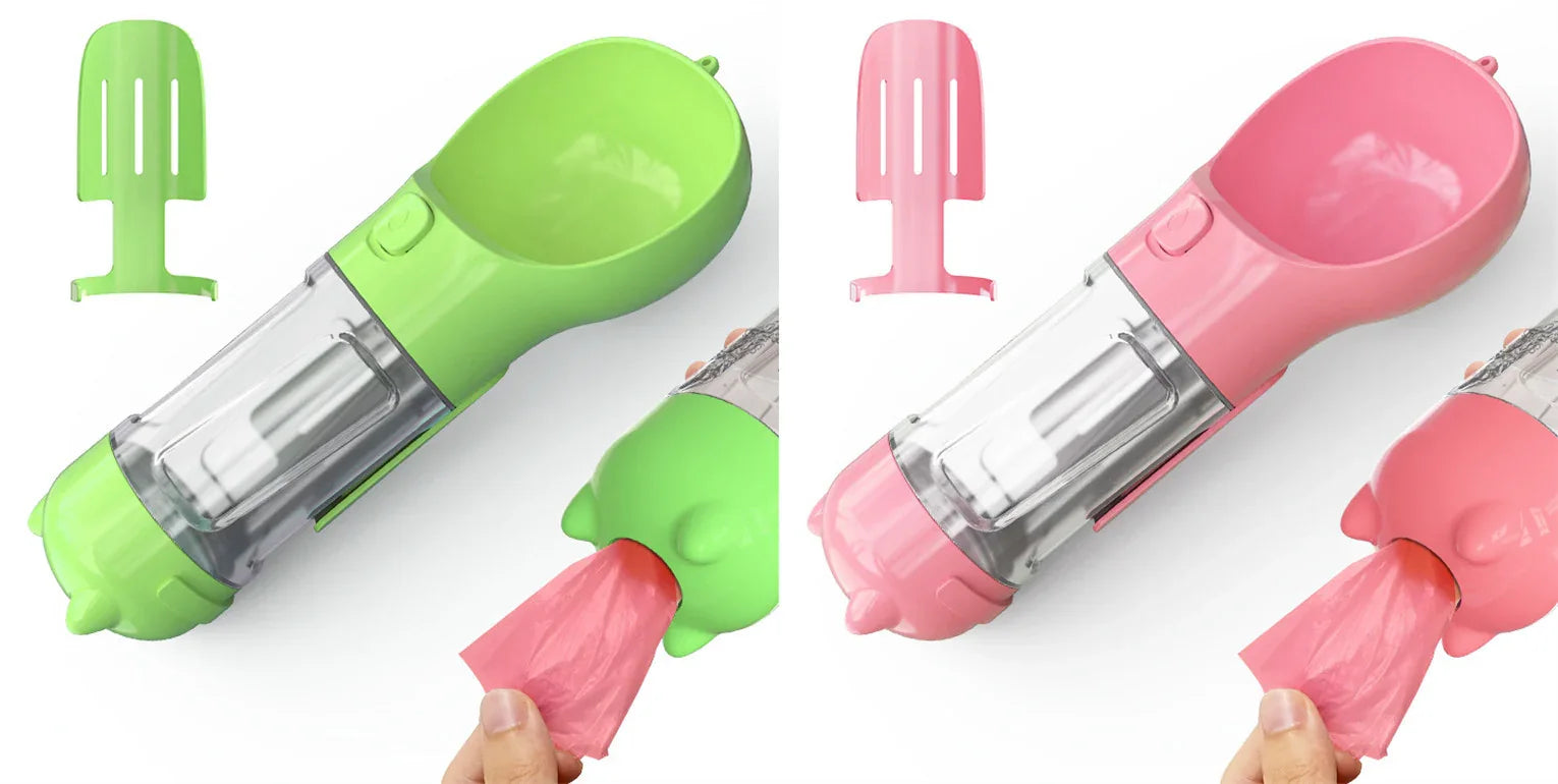 3-in-1 Portable Dog Water Bottle with Food Bowl & Waste Bag Holder – Leak-Proof Travel Pet Bottle