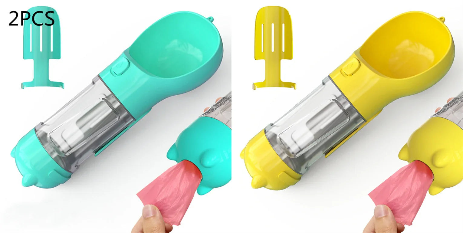 Yellow portable dog water bottle with food bowl — lightweight BPA-free plastic