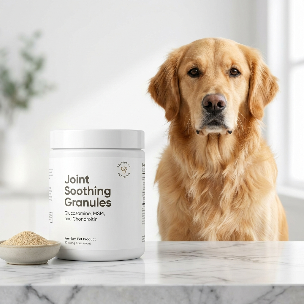 Dog joint supplement granules with glucosamine MSM and chondroitin for dogs, 200g white tub on marble surface with golden retriever