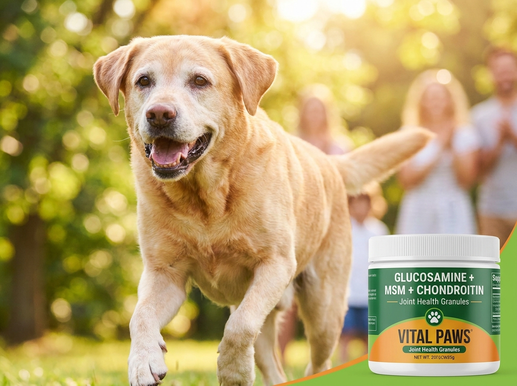 Energetic Labrador running in park with dog joint supplement granules, glucosamine and MSM for dog mobility and joint health