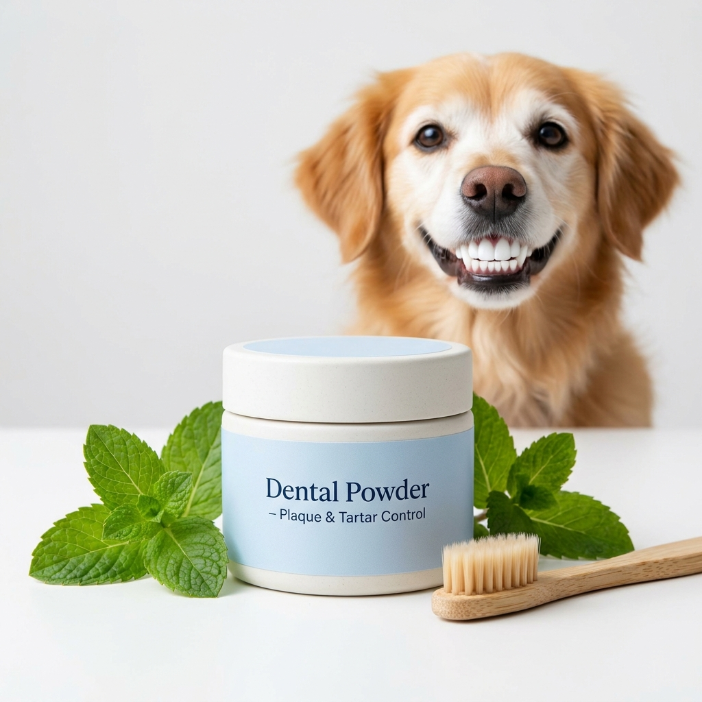 Dog dental cleaning powder for plaque and tartar removal, brushless dog tooth powder on white background with mint leaves and toothbrush