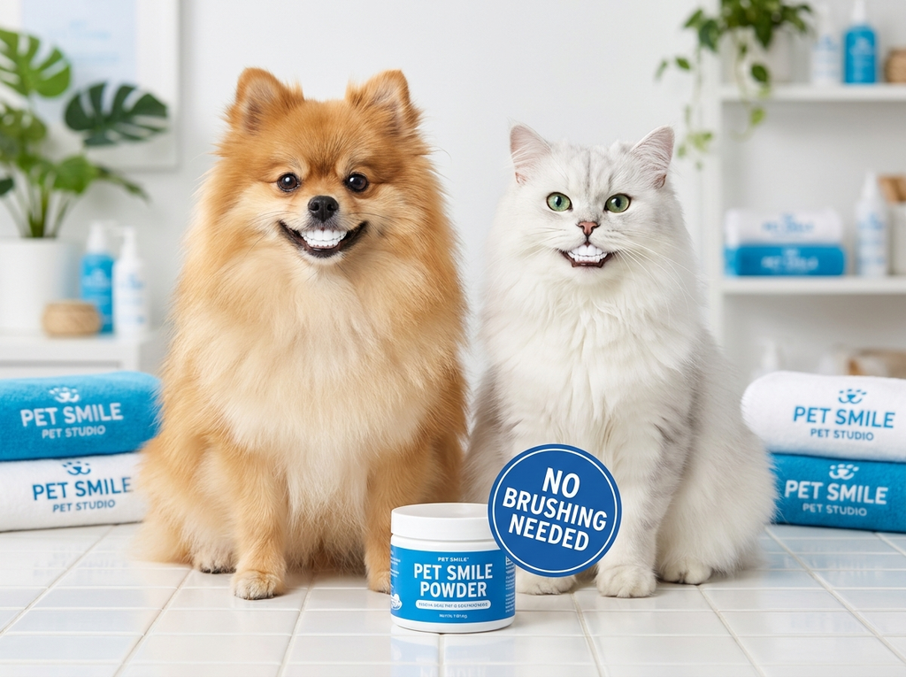 Happy dog and cat with clean teeth from brushless dental powder, no brushing needed cat and dog breath freshener